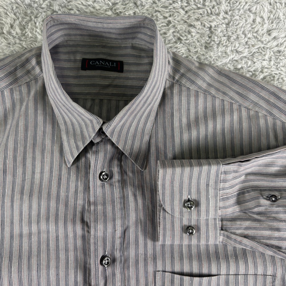 Canali Sportswear Mens Grey Blue Striped Cotton Linen Button Down Shirt Size M